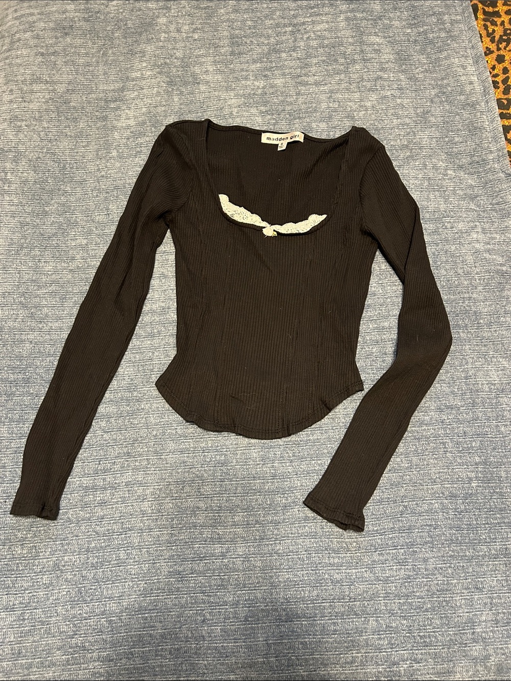 madden girl Black Long-Sleeve Ribbed Top with Cream Lace Accent